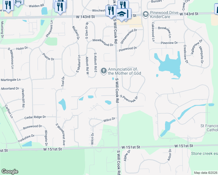 map of restaurants, bars, coffee shops, grocery stores, and more near 12012 Rambling Road in Homer Glen