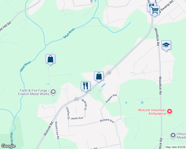 map of restaurants, bars, coffee shops, grocery stores, and more near 1259 Wolcott Road in Wolcott