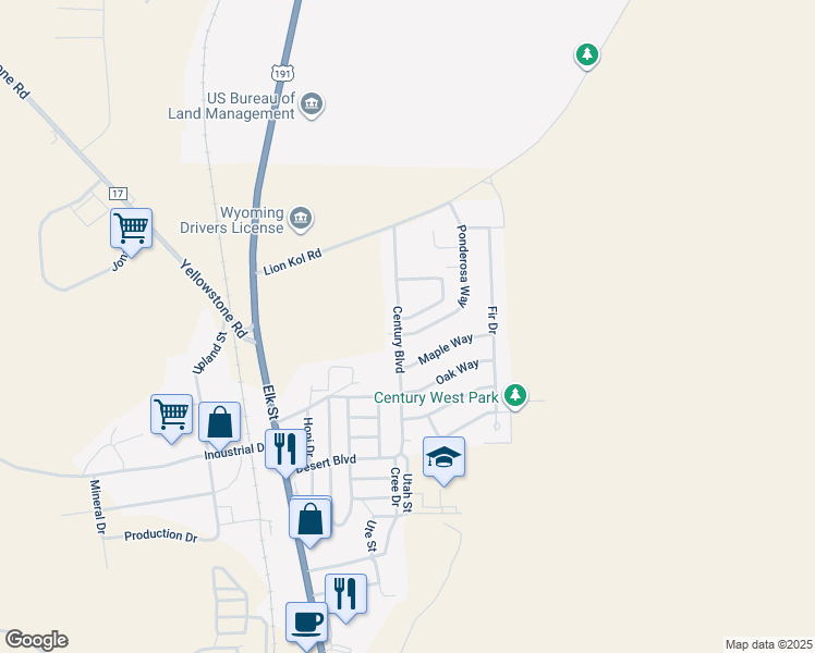 map of restaurants, bars, coffee shops, grocery stores, and more near 1001 Ponderosa Way in Rock Springs