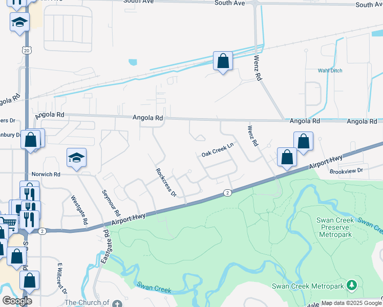 map of restaurants, bars, coffee shops, grocery stores, and more near 1120 South Creek Lane in Toledo