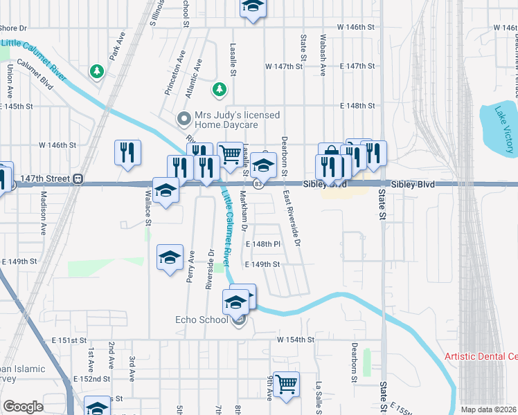 map of restaurants, bars, coffee shops, grocery stores, and more near 532 East 147th Place in Harvey