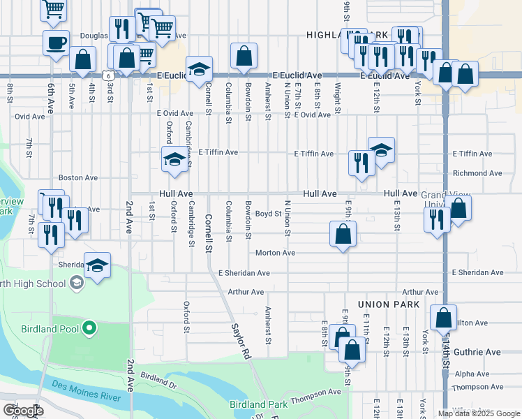 map of restaurants, bars, coffee shops, grocery stores, and more near 516 Boyd Street in Des Moines