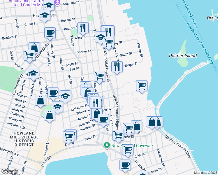 map of restaurants, bars, coffee shops, grocery stores, and more near 561 South 1st Street in New Bedford