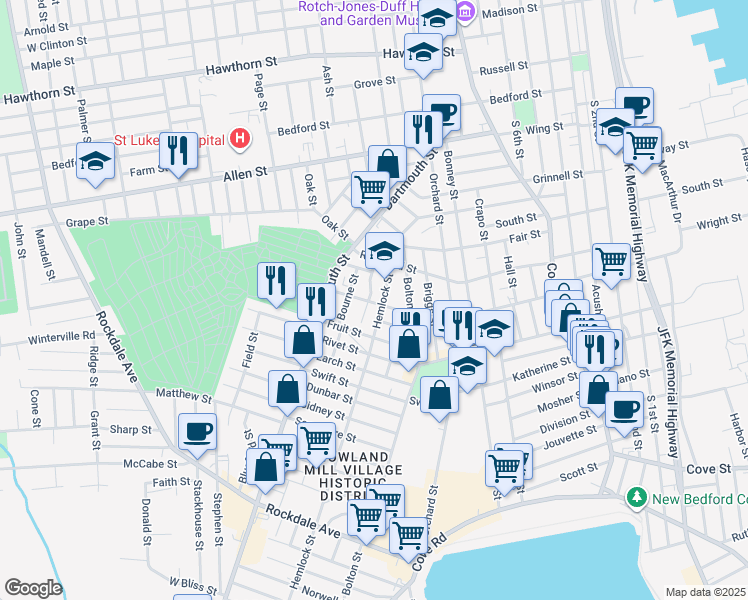 map of restaurants, bars, coffee shops, grocery stores, and more near 51 Hemlock Street in New Bedford
