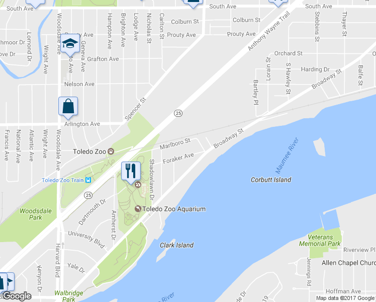 map of restaurants, bars, coffee shops, grocery stores, and more near 2515 Marlboro Street in Toledo