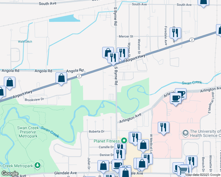 map of restaurants, bars, coffee shops, grocery stores, and more near 980 South Byrne Road in Toledo