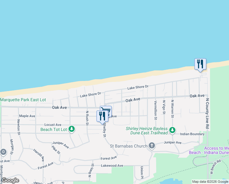 map of restaurants, bars, coffee shops, grocery stores, and more near 8505 Lake Shore Drive in Gary