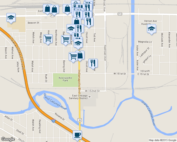 map of restaurants, bars, coffee shops, grocery stores, and more near 5028 Tod Avenue in East Chicago