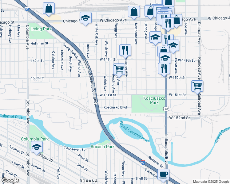 map of restaurants, bars, coffee shops, grocery stores, and more near 1301 Pulaski Place in East Chicago