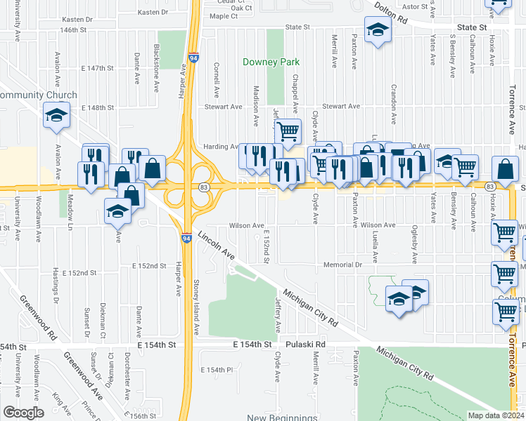map of restaurants, bars, coffee shops, grocery stores, and more near 505 Madison Avenue in Calumet City
