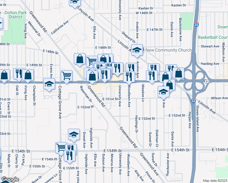 map of restaurants, bars, coffee shops, grocery stores, and more near 15016 University Avenue in Dolton