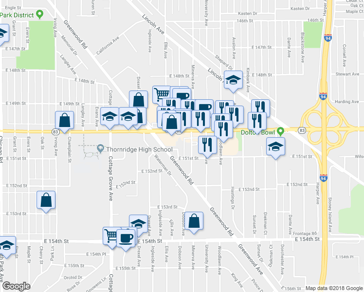 map of restaurants, bars, coffee shops, grocery stores, and more near 15012 Minerva Avenue in Dolton