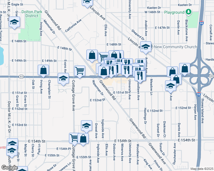 map of restaurants, bars, coffee shops, grocery stores, and more near 1011 Sibley Boulevard in Dolton