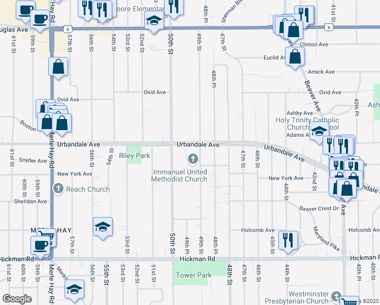map of restaurants, bars, coffee shops, grocery stores, and more near 4900 Urbandale Avenue in Des Moines