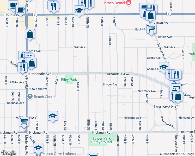 map of restaurants, bars, coffee shops, grocery stores, and more near 4900 Urbandale Avenue in Des Moines