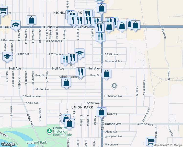 map of restaurants, bars, coffee shops, grocery stores, and more near 1309 Hull Avenue in Des Moines