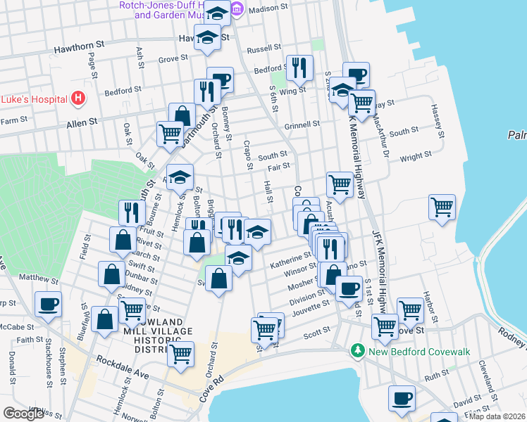 map of restaurants, bars, coffee shops, grocery stores, and more near 58 Crapo Street in New Bedford