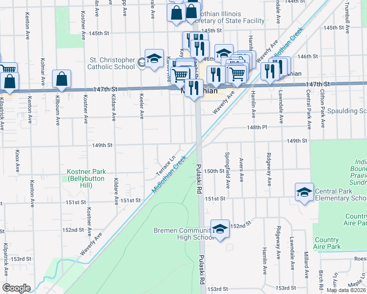 map of restaurants, bars, coffee shops, grocery stores, and more near 14857 Keystone Avenue in Midlothian