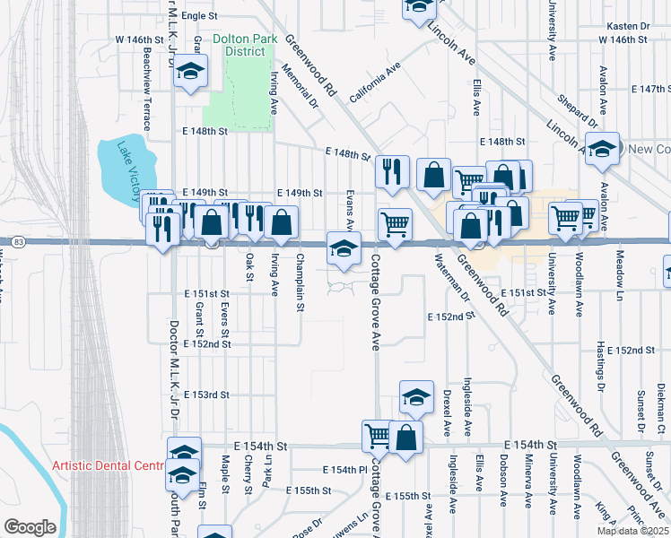 map of restaurants, bars, coffee shops, grocery stores, and more near 15015 Lincoln Avenue in Dolton