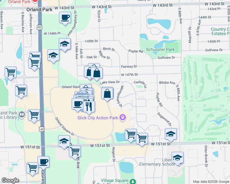 map of restaurants, bars, coffee shops, grocery stores, and more near 9217 Dexter Court in Orland Park