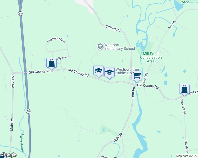 map of restaurants, bars, coffee shops, grocery stores, and more near 380 Old County Road in Westport