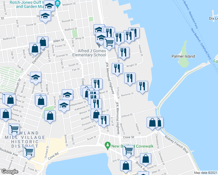 map of restaurants, bars, coffee shops, grocery stores, and more near 582 South 1st Street in New Bedford