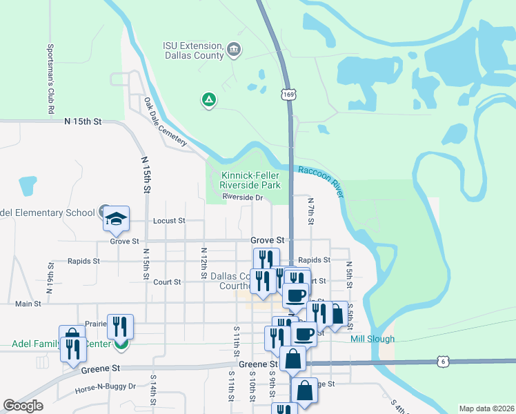 map of restaurants, bars, coffee shops, grocery stores, and more near 442 10th Street in Adel