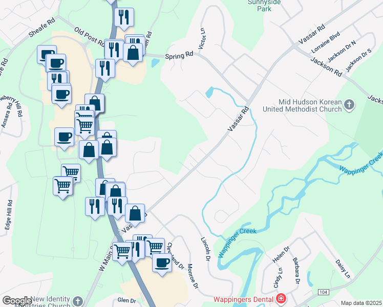 map of restaurants, bars, coffee shops, grocery stores, and more near 676 Vassar Road in Poughkeepsie