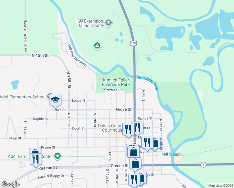 map of restaurants, bars, coffee shops, grocery stores, and more near 442 10th Street in Adel