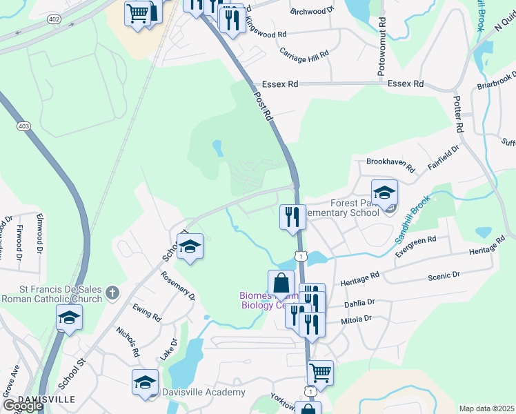 map of restaurants, bars, coffee shops, grocery stores, and more near 53 Hancock Drive in North Kingstown