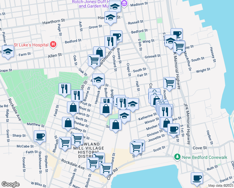 map of restaurants, bars, coffee shops, grocery stores, and more near 128 Rockland Street in New Bedford