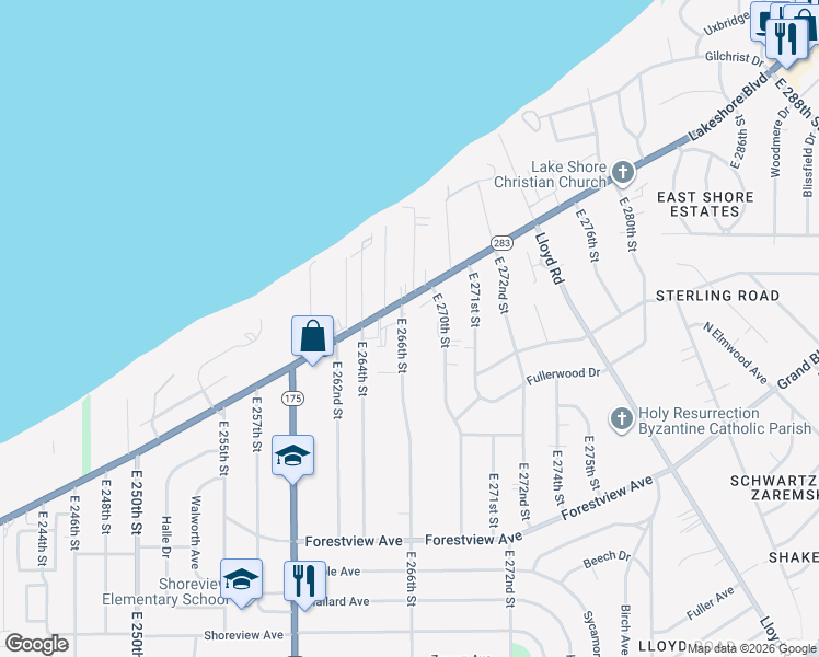 map of restaurants, bars, coffee shops, grocery stores, and more near 256 East 270th Street in Euclid