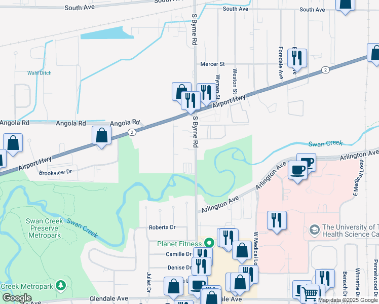 map of restaurants, bars, coffee shops, grocery stores, and more near 980 South Byrne Road in Toledo