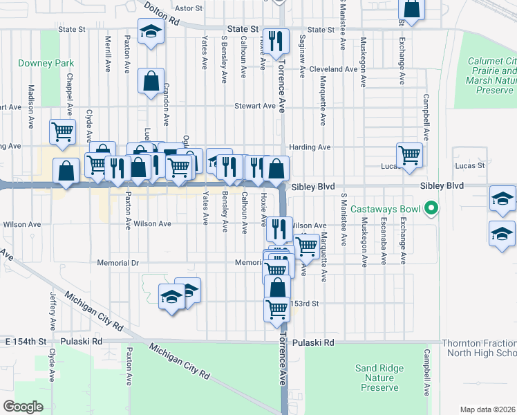map of restaurants, bars, coffee shops, grocery stores, and more near 499 Calhoun Avenue in Calumet City