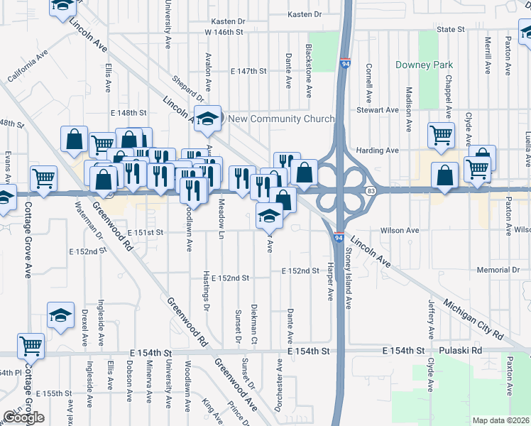 map of restaurants, bars, coffee shops, grocery stores, and more near 15018 Dorchester Avenue in Dolton
