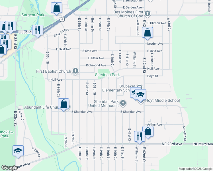 map of restaurants, bars, coffee shops, grocery stores, and more near 2915 East 39th Court in Des Moines