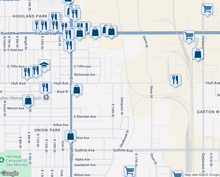 map of restaurants, bars, coffee shops, grocery stores, and more near 1555 Hull Avenue in Des Moines