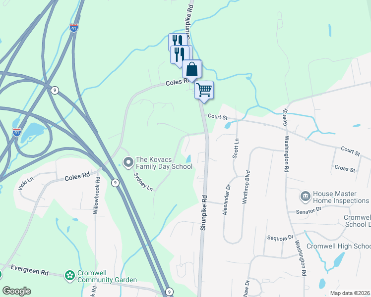 map of restaurants, bars, coffee shops, grocery stores, and more near 3 Sovereign Ridge in Cromwell