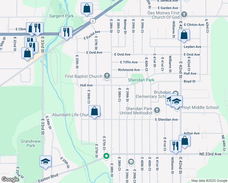 map of restaurants, bars, coffee shops, grocery stores, and more near 2909 East 38th Street in Des Moines