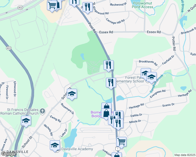 map of restaurants, bars, coffee shops, grocery stores, and more near 53 Hancock Drive in North Kingstown