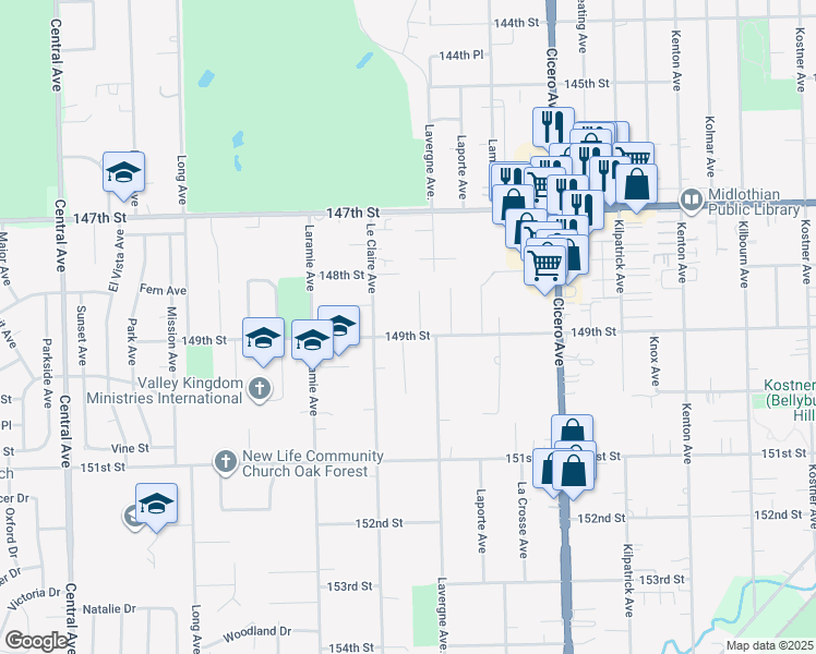 map of restaurants, bars, coffee shops, grocery stores, and more near 5012 149th Street in Oak Forest