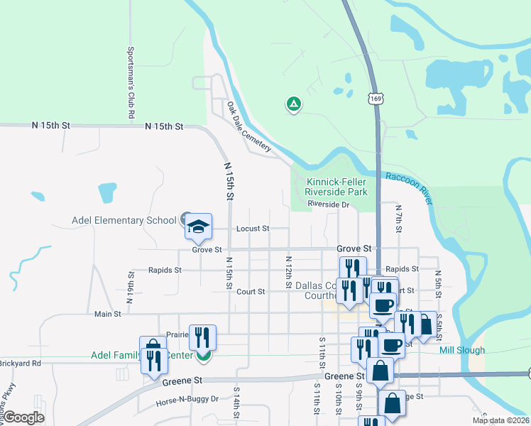 map of restaurants, bars, coffee shops, grocery stores, and more near 515 North 13th Street in Adel