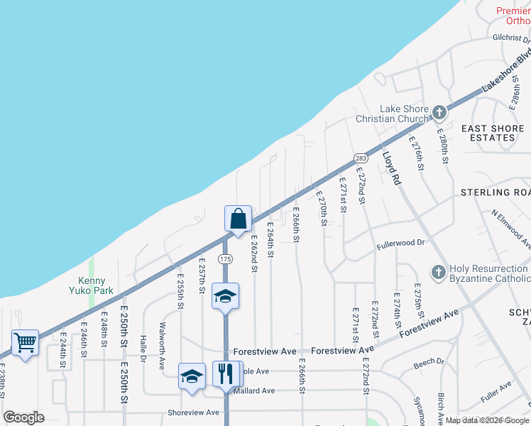 map of restaurants, bars, coffee shops, grocery stores, and more near 26351 Lake Shore Boulevard in Euclid