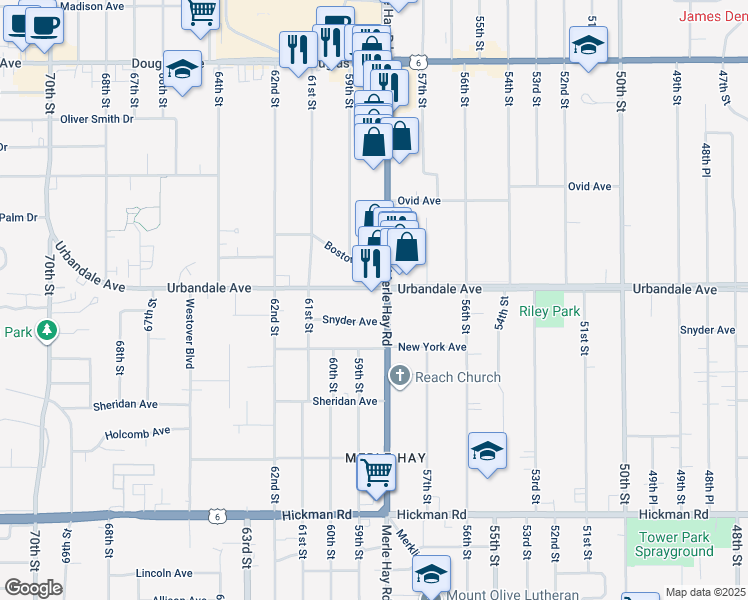 map of restaurants, bars, coffee shops, grocery stores, and more near 5826 Urbandale Avenue in Des Moines