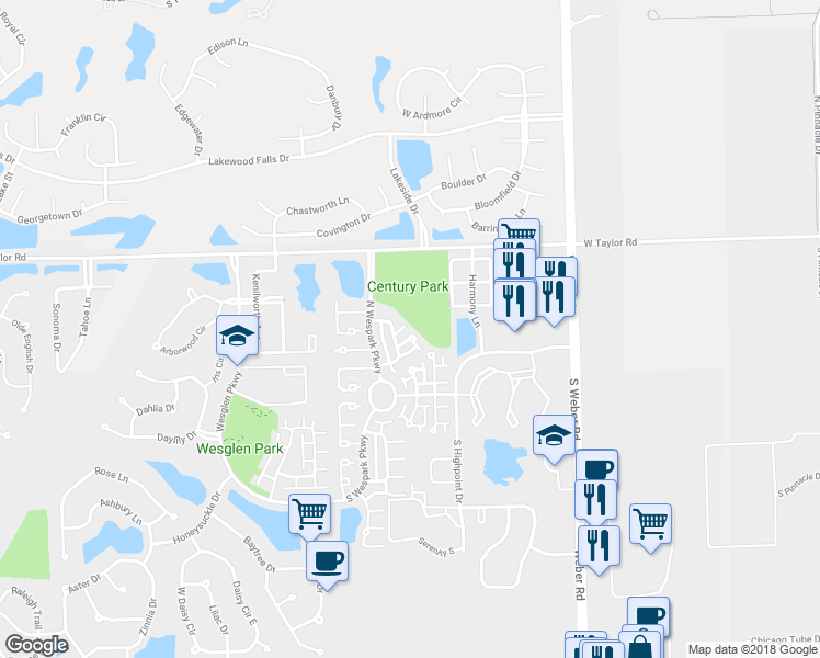 map of restaurants, bars, coffee shops, grocery stores, and more near 41 Freesia Drive in Romeoville
