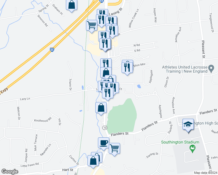 map of restaurants, bars, coffee shops, grocery stores, and more near 191 Queen Street in Southington