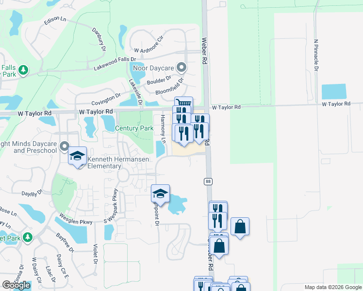 map of restaurants, bars, coffee shops, grocery stores, and more near 83 Harmony Lane in Romeoville