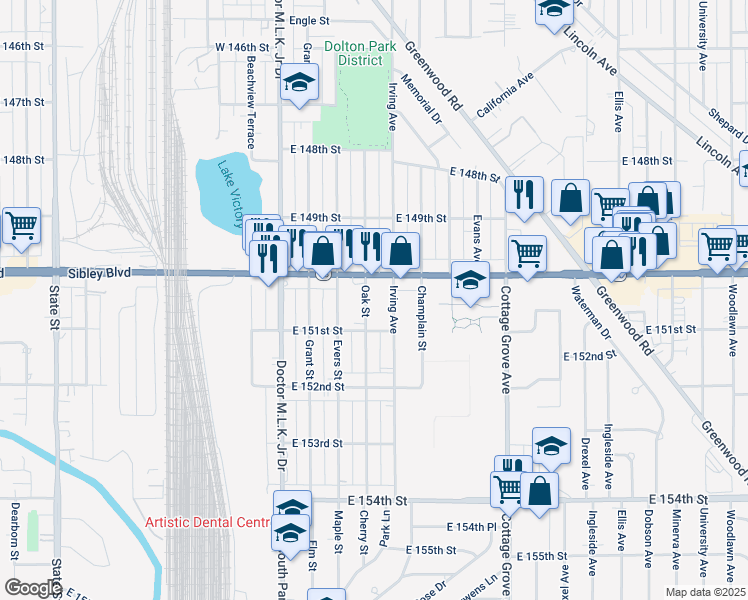 map of restaurants, bars, coffee shops, grocery stores, and more near 15010 Irving Avenue in Dolton