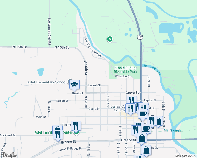 map of restaurants, bars, coffee shops, grocery stores, and more near 515 North 13th Street in Adel