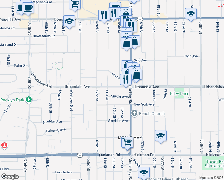 map of restaurants, bars, coffee shops, grocery stores, and more near 6036 Urbandale Ave in Des Moines